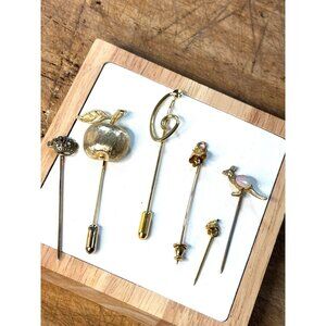 Vintage Gold-Tone Stick Pins Set Of 6 With Apple Kangaroo Crown & More